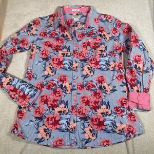 Ariat Real Shirt Women XL Pink Blue Floral Long Sleeve Fitted Flip Cuff Roses